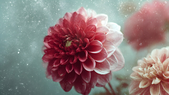 Stunning deep red dahlia blooms with delicate pink edges evoke romance and natural beauty in soft ethereal light, perfect for elegant invitations and serene designs.