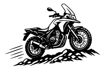 Obraz premium adventure motorcycle climbing a hill, side view with dynamic motion lines