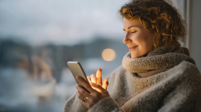 Person holding smartphone app controlling energy-efficient system while looking through frosted window &mdash; representing convenience, connectivity, and the harmony between tech and winter coziness.