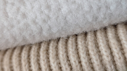 contrast of white fluffy fleece texture and beige ribbed knit fabric close-up