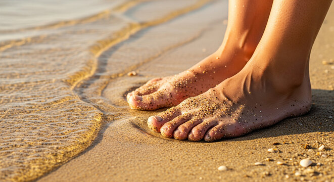 Sandy Toes and Golden Waves: Summer Vacation Beach Bliss
A detailed, horizontal, close-up shot of a pair of bare feet standing on dry and wet sand at the edge of the water