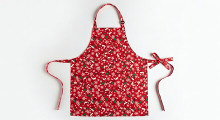Festive red christmas apron with santa and snowflake pattern flatlay