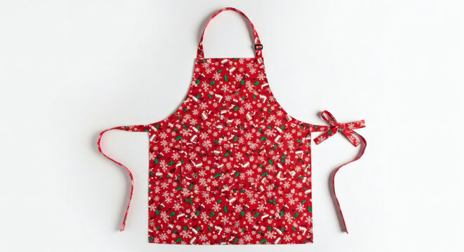 Festive red christmas apron with santa and snowflake pattern flatlay