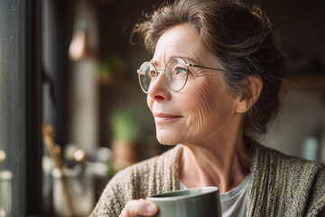 Cozy morning portrait of a thoughtful senior woman in glasses holding a mug and gazing out the window — a serene moment of quiet reflection at home