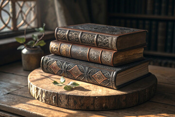 Stack of antique books with ornate metallic patterns on rustic wooden surface