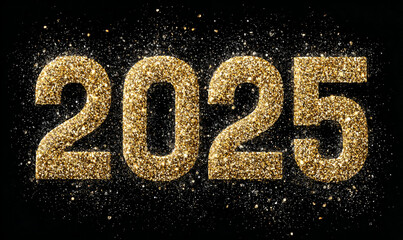Golden glitter 2025 on black. Perfect for New Year's Eve, celebrations, invitations, cards, party promotions, and festive designs. A sparkling symbol of future prosperity and luxury.