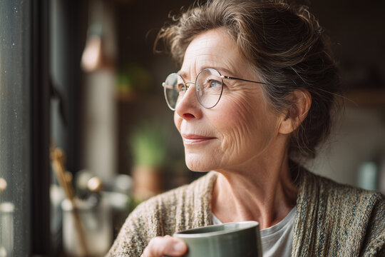 Cozy morning portrait of a thoughtful senior woman in glasses holding a mug and gazing out the window — a serene moment of quiet reflection at home