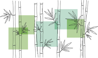 Set of bamboo illustration and geometric shapes on transparent backdrop. Asian nature concept, zen, meditation, oriental botany and japanese garden idea.