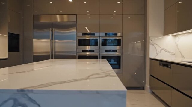 A high-end modern kitchen scene in vertical 916 format. The video begins with a soft glow from recessed ceiling lighting that slowly illuminates the space. The camera gently reveals sleek gray
