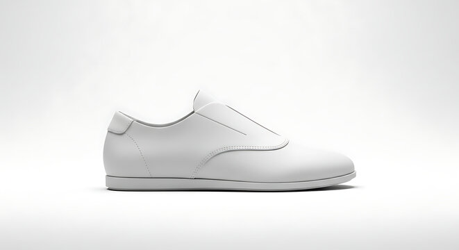 A clean and minimalist white leather slip-on shoe presented on a plain white background - Powered by Adobe