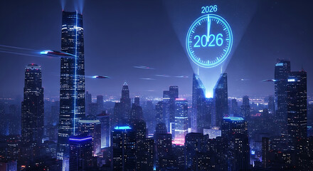 Futuristic cityscape at night with flying vehicles and a large clock displaying the year 2026 projected onto a skyscraper.
