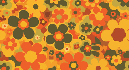 A vibrant retro floral pattern featuring orange, yellow, and green flowers in a repeating design.