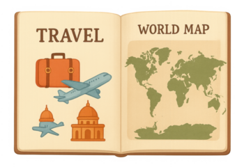 Open book showing travel elements and world map