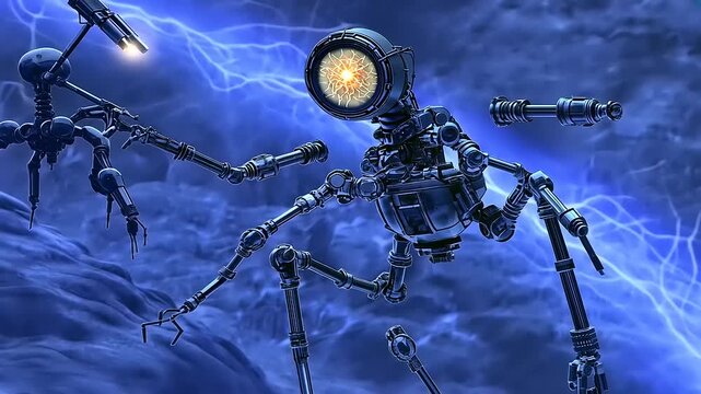 Mechanical arachnids traversing a surreal environment under a storm of electricity