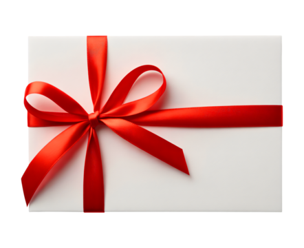 White gift box with red ribbon and bow isolated on white background for festive celebration