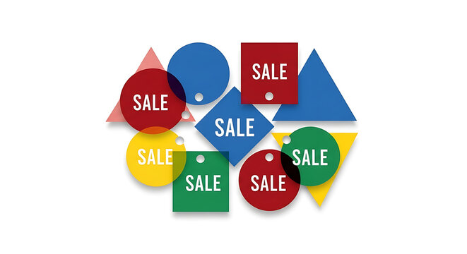 Vibrant array of overlapping geometric shapes with 'SALE' text, ideal for digital promotions, retail marketing campaigns, and seasonal discount announcements