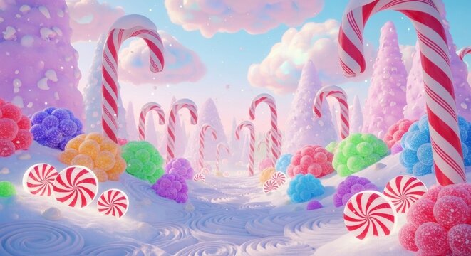 Whimsical candy land landscape with peppermint swirls, gumdrops, and candy canes under a pastel sky