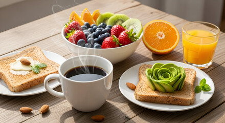 Fresh, healthy breakfast options including fruit, juice, coffee, and pastries are served on a table