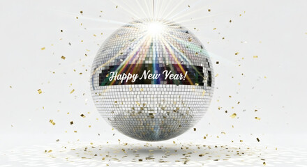 A disco ball with happy new year text and falling confetti around it