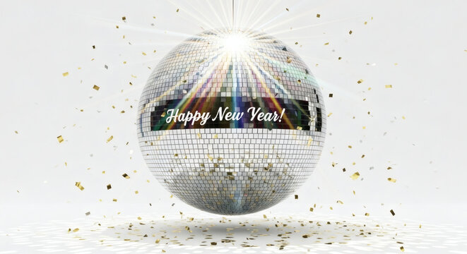 A disco ball with happy new year text and falling confetti around it