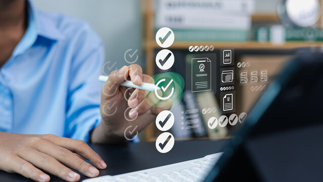 Business person using digital checklist and workflow management system on virtual screen