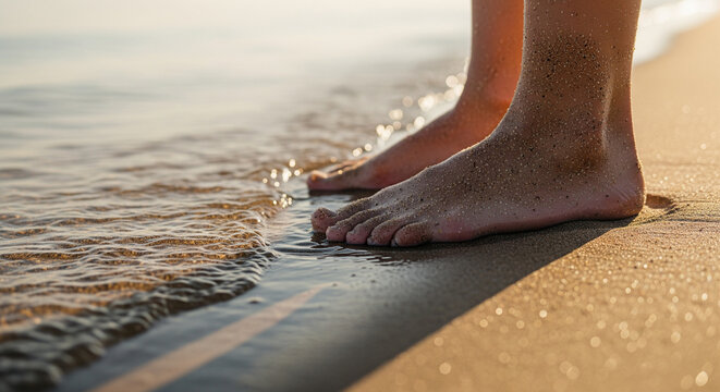 Barefoot on Golden Sand: Serene Beach Walk at Sunset
A close-up, low-angle shot captures a pair of bare feet standing on the wet, golden sand at the ocean's edge