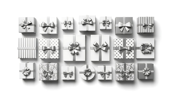 A sophisticated collection of monochrome gift boxes, adorned with delicate ribbons and subtle patterns, artfully arranged for festive occasions and joyous celebrations