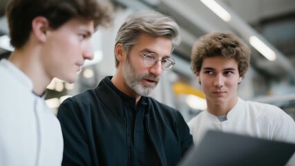 Senior robotics specialist mentoring young apprentices in a clean automated factory, emotion of mentorship visible, symbolizing harmony between tradition and innovation in intelligent engineering