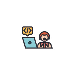Male coder character working from laptop, representing developer performing backend, frontend, coding process, symbolizing computer engineering, debugging, and software building activity.