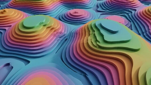 Abstract colorful background inspired by a topographic map concept. Smooth, flowing contour lines form layered patterns in vibrant gradients of blue, orange, pink, and green. The lines
