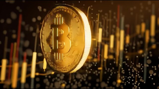 A stunning view of a Bitcoin coin amidst digital trading charts, symbolizing cryptocurrency market trends and financial growth.