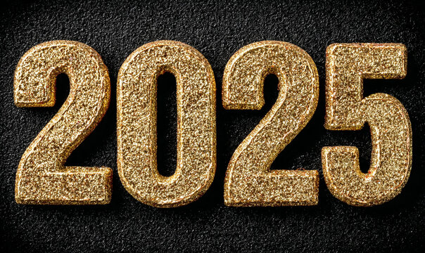 Golden glittering numbers 2025 on a black background. Perfect for New Year celebrations, future planning, and upcoming events. Festive design for banners, invitations, and digital content.