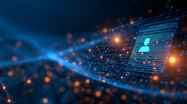 Dynamic digital profile icon glows with vibrant data streams and bokeh lights, perfect for modern tech and business concepts