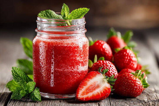 Fresh strawberry smoothie in glass jar with mint and ripe strawberries on wooden table