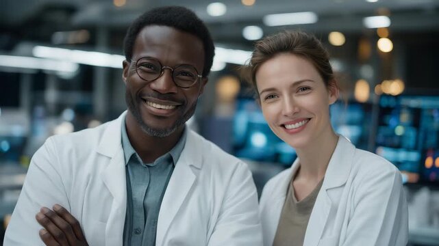 Team of data scientists and chemists collaborating in smart laboratory surrounded by digital dashboards, emotion of excitement visible, representing interdisciplinary innovation, materials AI - Powered by Adobe