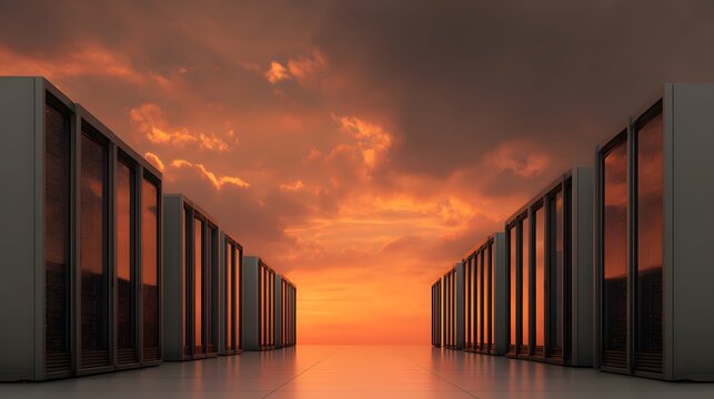 Rows of electronic storage units align under a dramatic orange sunset sky