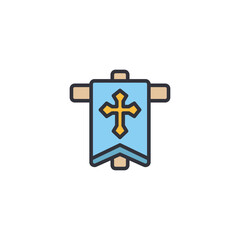 Flat vector icon of medieval banner flag with heraldic cross symbol, representing kingdom identity, royal insignia, old empire emblem, used in fantasy game UI, medieval history, or knight themed desig