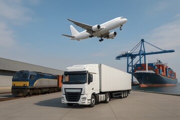 Modern cargo transport with airplane, truck, ship and train in seaport.