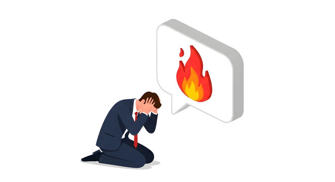 炎上、緊急事態、激しい議論：頭を抱えるビジネスマンと炎の吹き出しアイコン