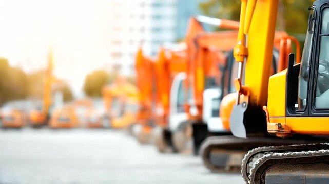Row of excavators in parking lot with defocused construction machines, faceless heavy equipment, orange machinery visualization, blurred site background, civil engineering concept,