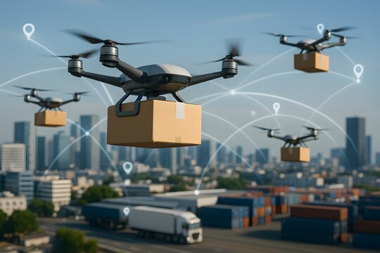 Smart city drone delivery system with packages and network connections. - Powered by Adobe
