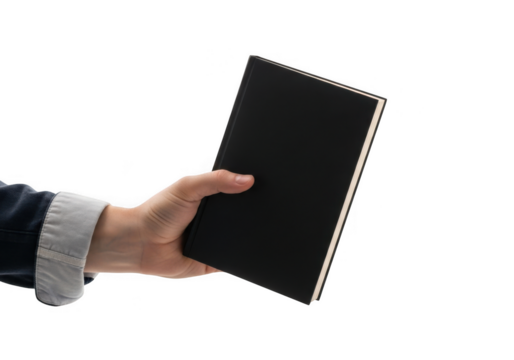 A hand holds a black notebook isolated on transparent background