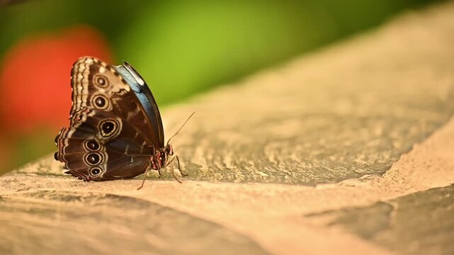 A Blue Morpho butterfly rests on a sunlit stone, its folded wings displaying intricate brown hues and striking eye-spots. Subtle background movement and warm light evoke a serene tropical atmosphere