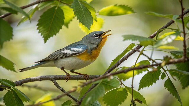 Northern Parula (Setophaga americana) songbird actively foraging in its natural, lush forest habitat with soft natural light.