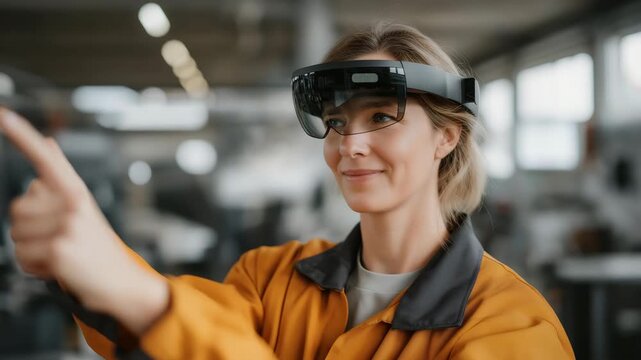 Technician using holographic overlay to operate robotic machinery during interactive industrial training, emotion of determination visible, representing AR-based learning, safety training, and