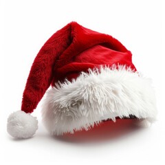 a santa claus hat with fluffy white trim, isolated on white background, clean festive photo