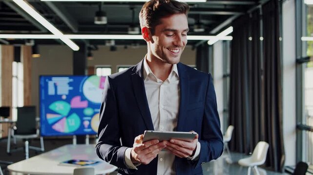A smiling man in a suit holds a tablet in a modern office. The low-angle shot captures a video conference setup with charts on a screen in the background.