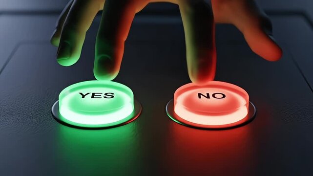A person's finger hovers above glowing 'YES' and 'NO' buttons, highlighting a crucial decision.
