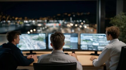 Wide-angle view of smart factory control hub with multiple engineers interpreting digital twin simulations for workflow optimization, emotion of teamwork and technological confidence visible, - Powered by Adobe