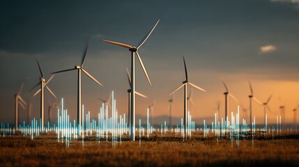 Numerous wind turbines generate clean energy across a field under a dramatic sky with illuminated digital sound waves